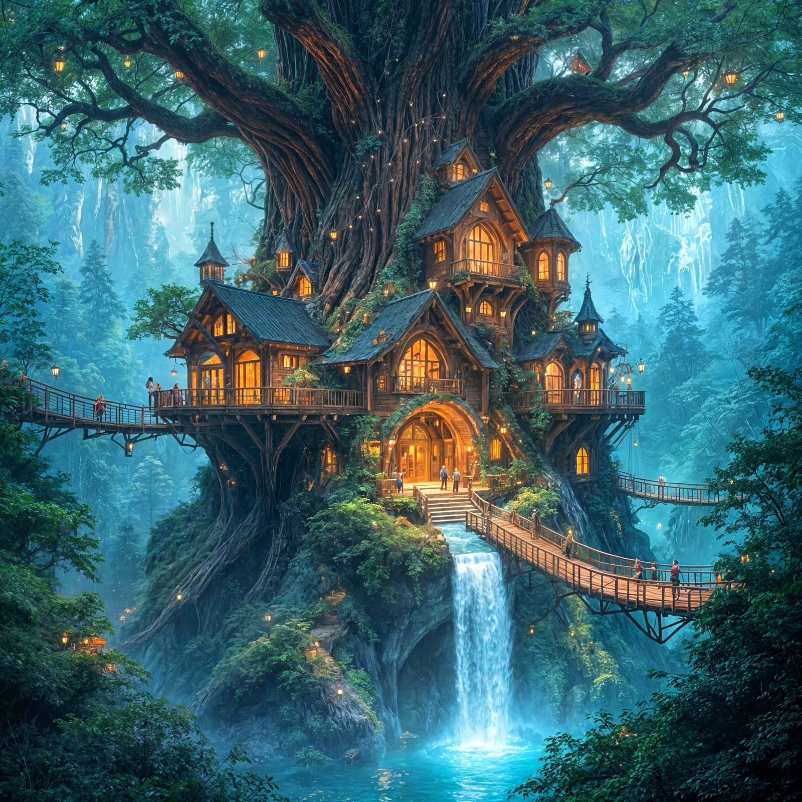 Bioluminescent Treehouse City in Hyper-Fantasy Style