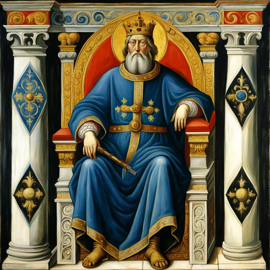 Bored King on Throne: Medieval Oil Painting