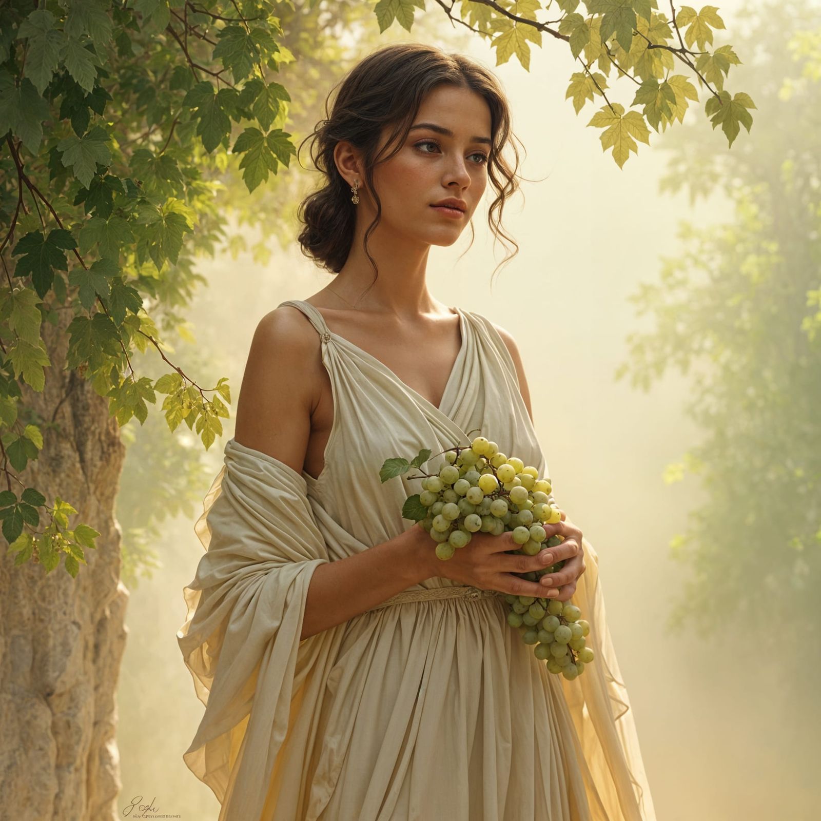 Elegant Roman Goddess with Grapes in Soft Hues