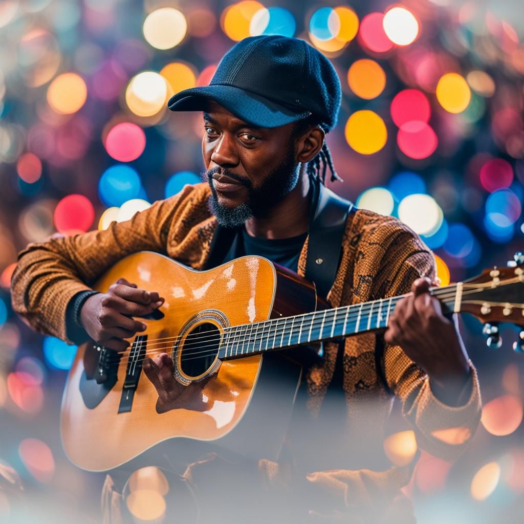 Musician Portrait with Guitar and Bokeh Lighting