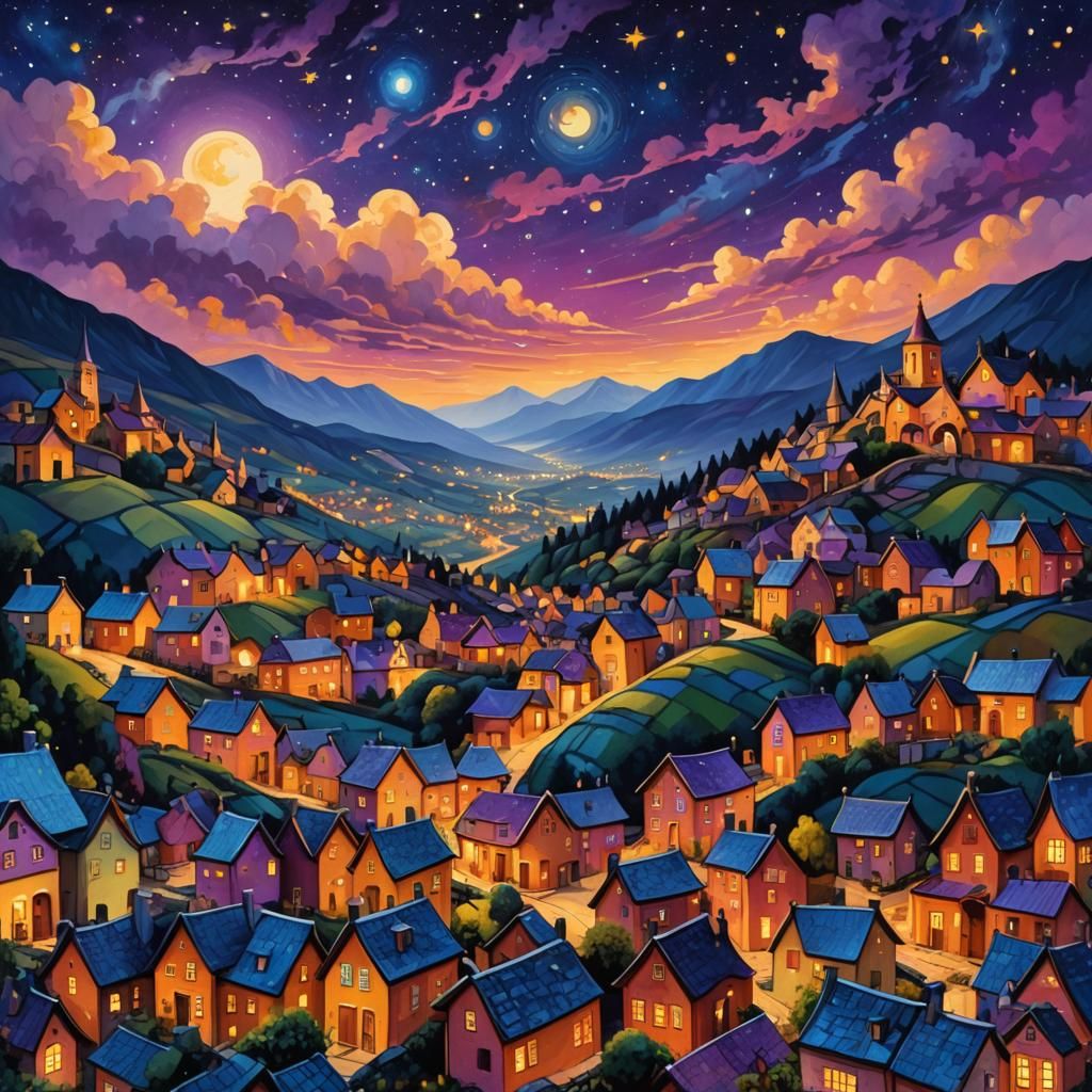 Fantastical Village Under Starry Night Sky