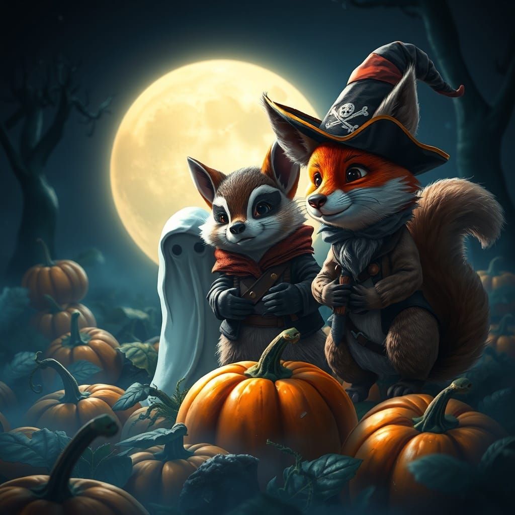 Woodland Creatures in Halloween Costumes in Pumpkin Patch