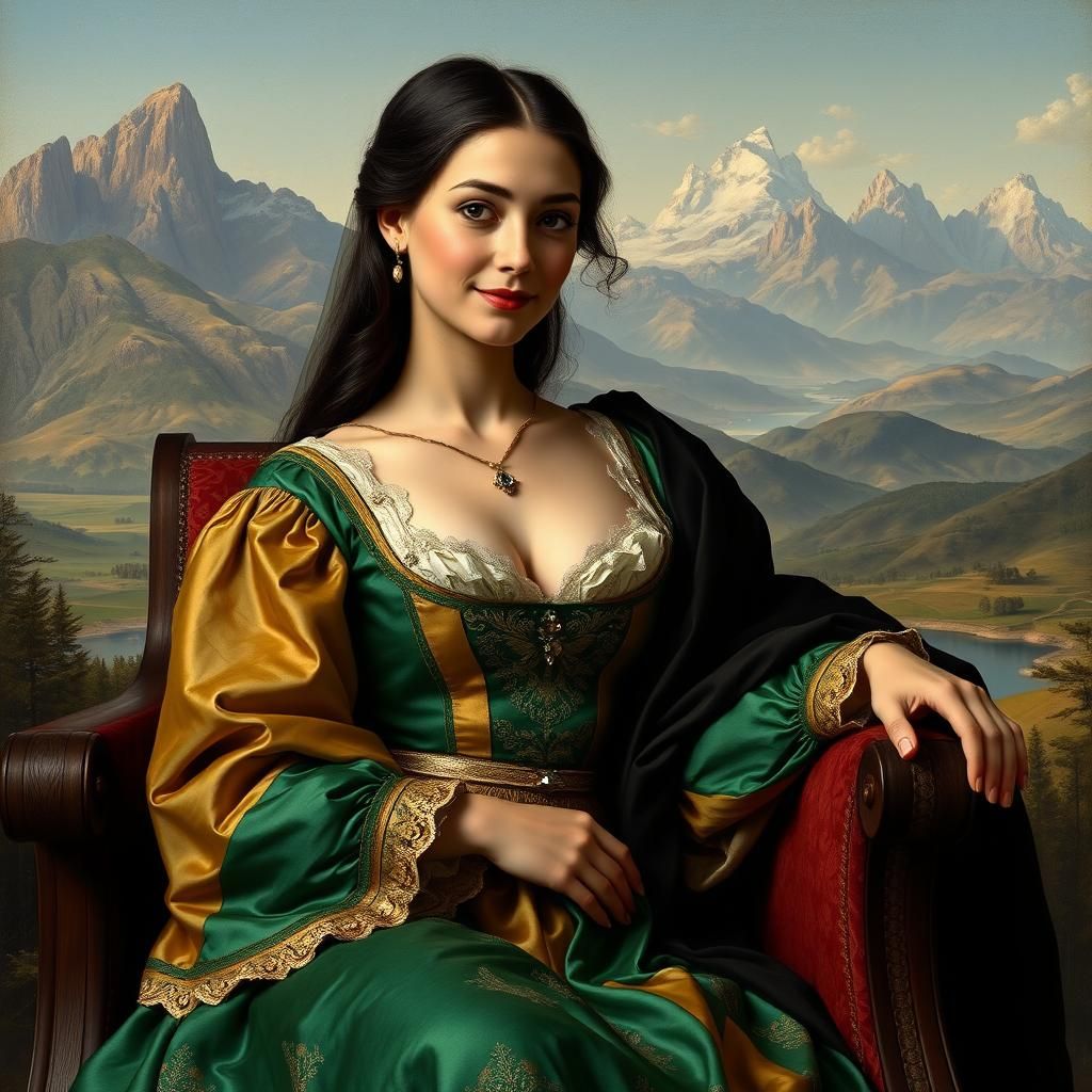 Renaissance Woman in Emerald and Gold Gown