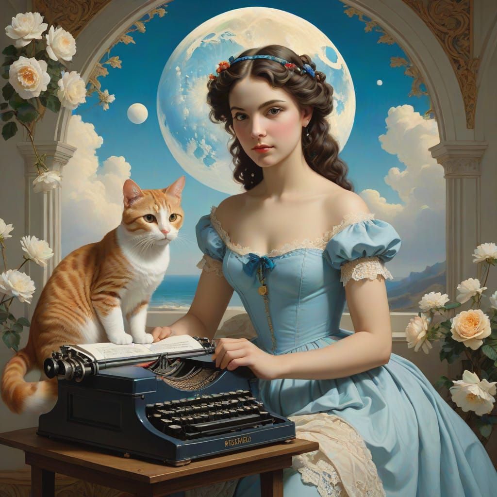 A Whimsical Scene of a Woman and Cat at an Art Studio
