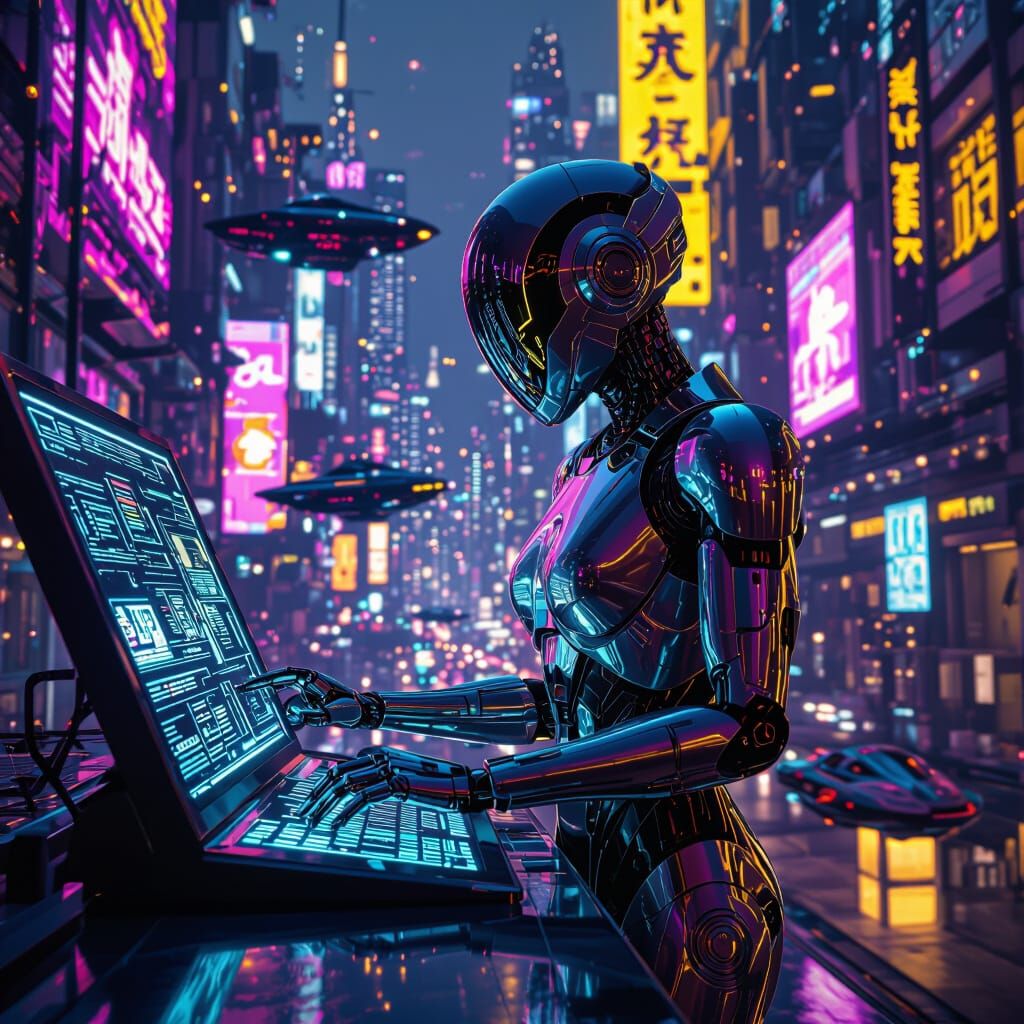 Android in Cyberpunk Cityscape with Holographic Terminals