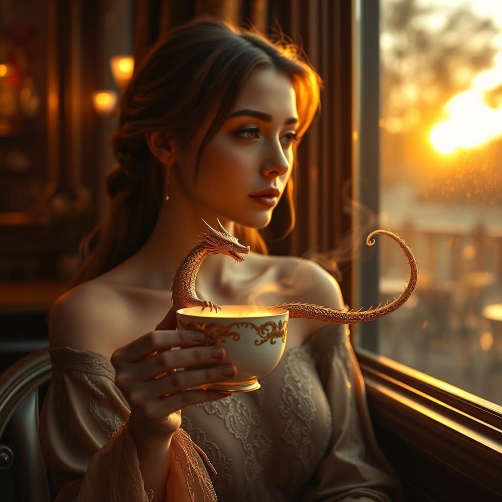 Woman and Spirit Dragon by Window During Golden Sunset