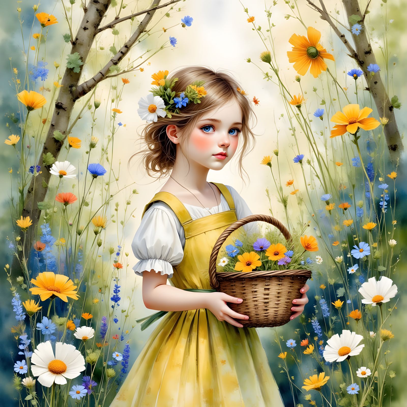 Whimsical Watercolor Portrait of a Toddler Girl