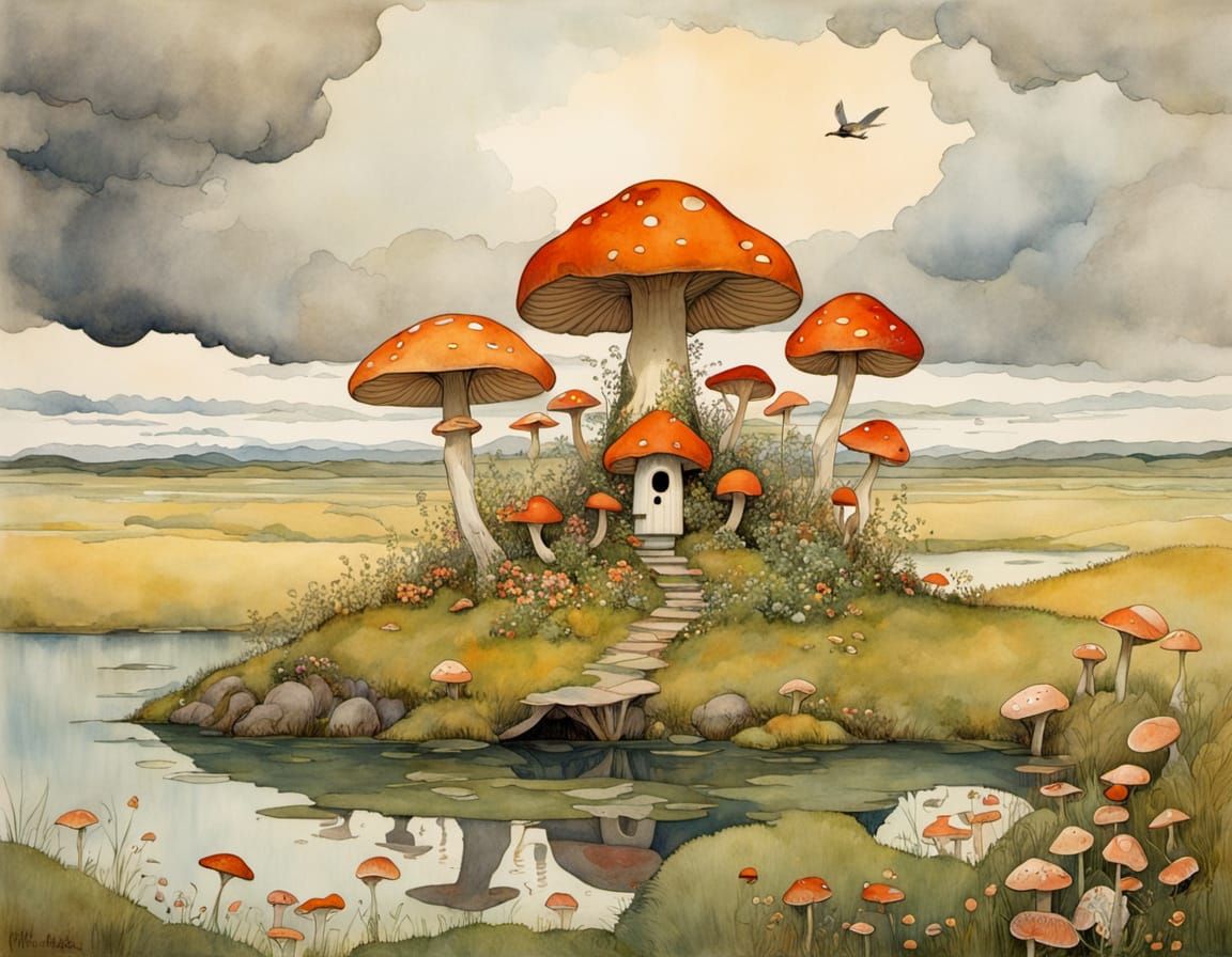 Mushroom Birdhouse in Surreal Watercolor Landscape
