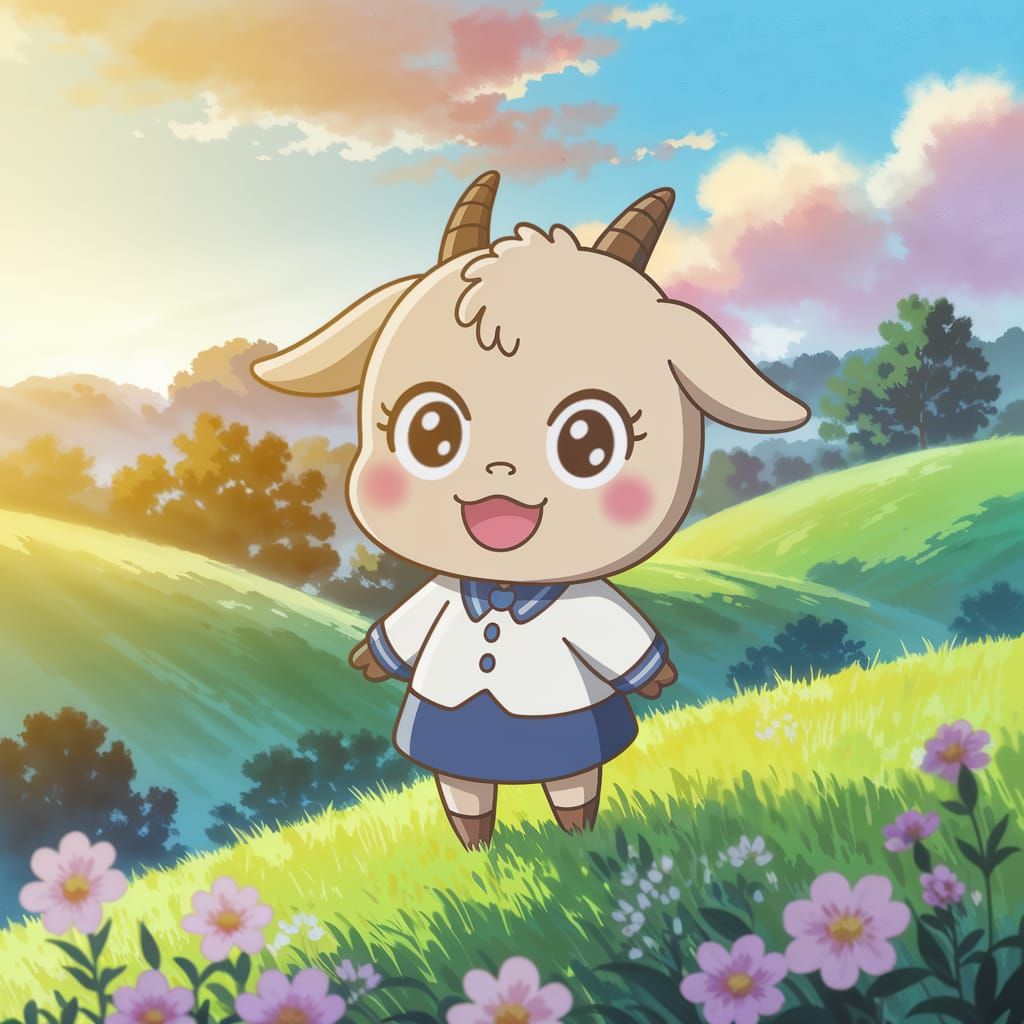 Cute Chibi Goat Girl in Anime Landscape