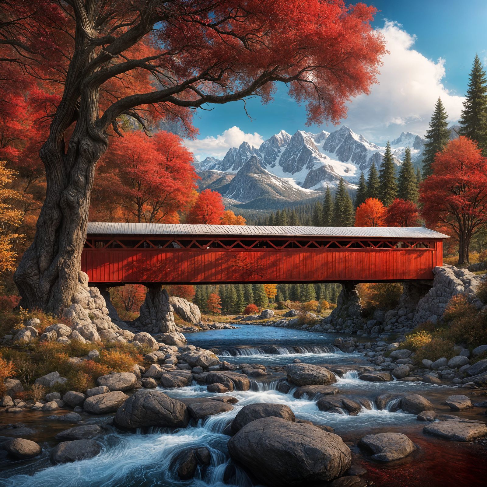 Red Covered Bridge with Antique Car, Detailed Matte Painting