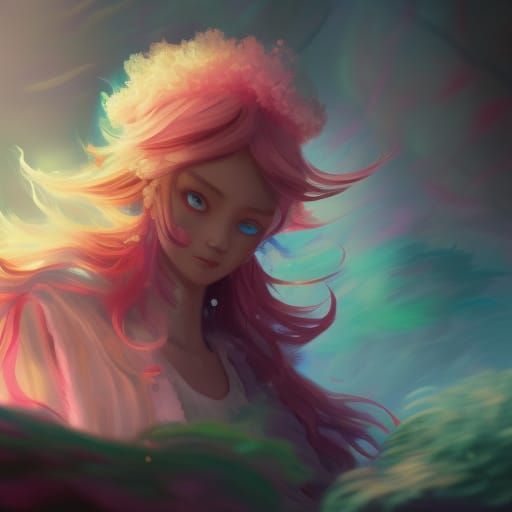 Pink Kitten in Scarf with Rainbow Flower Background