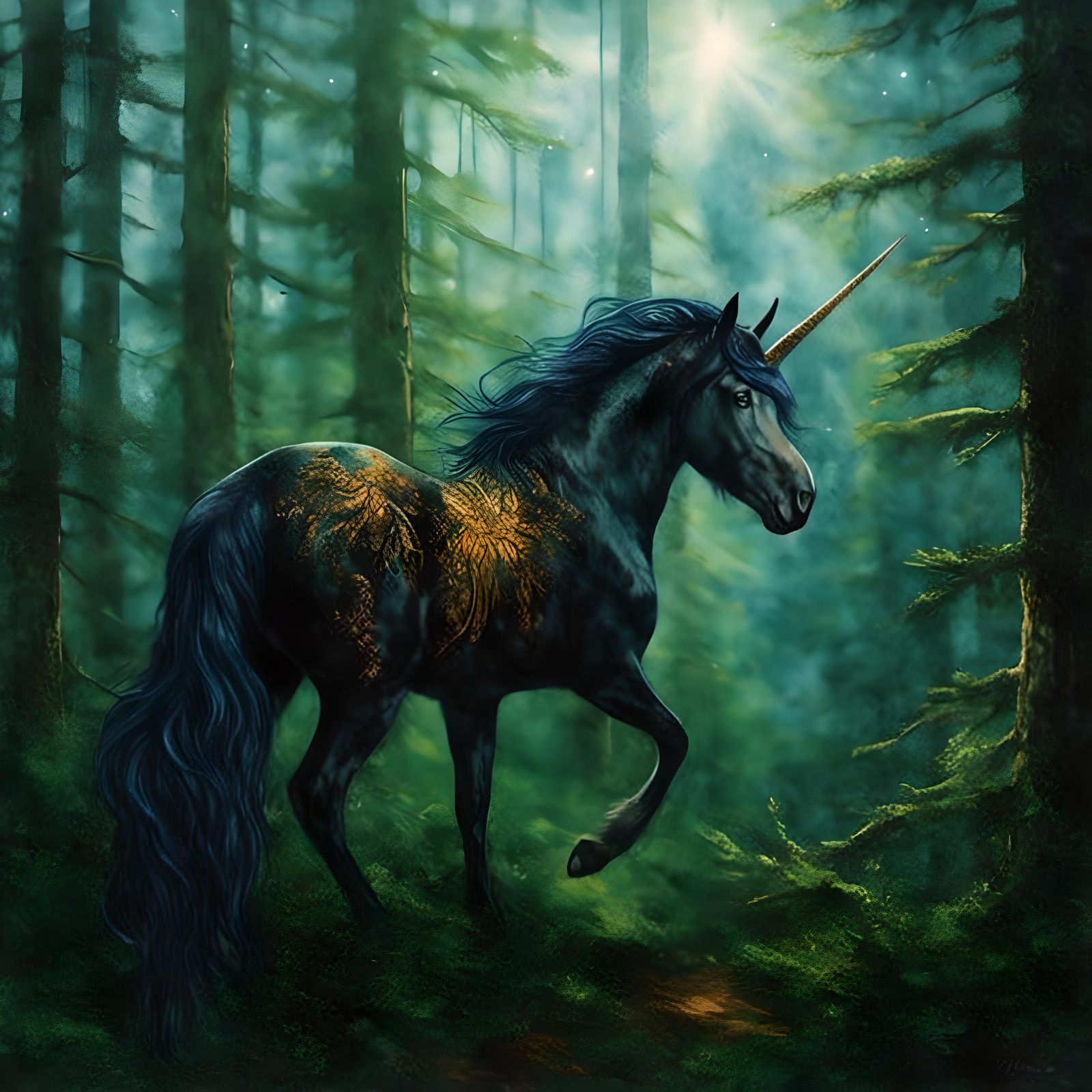 Unicorn Galloping in Wispy Watercolor Forest