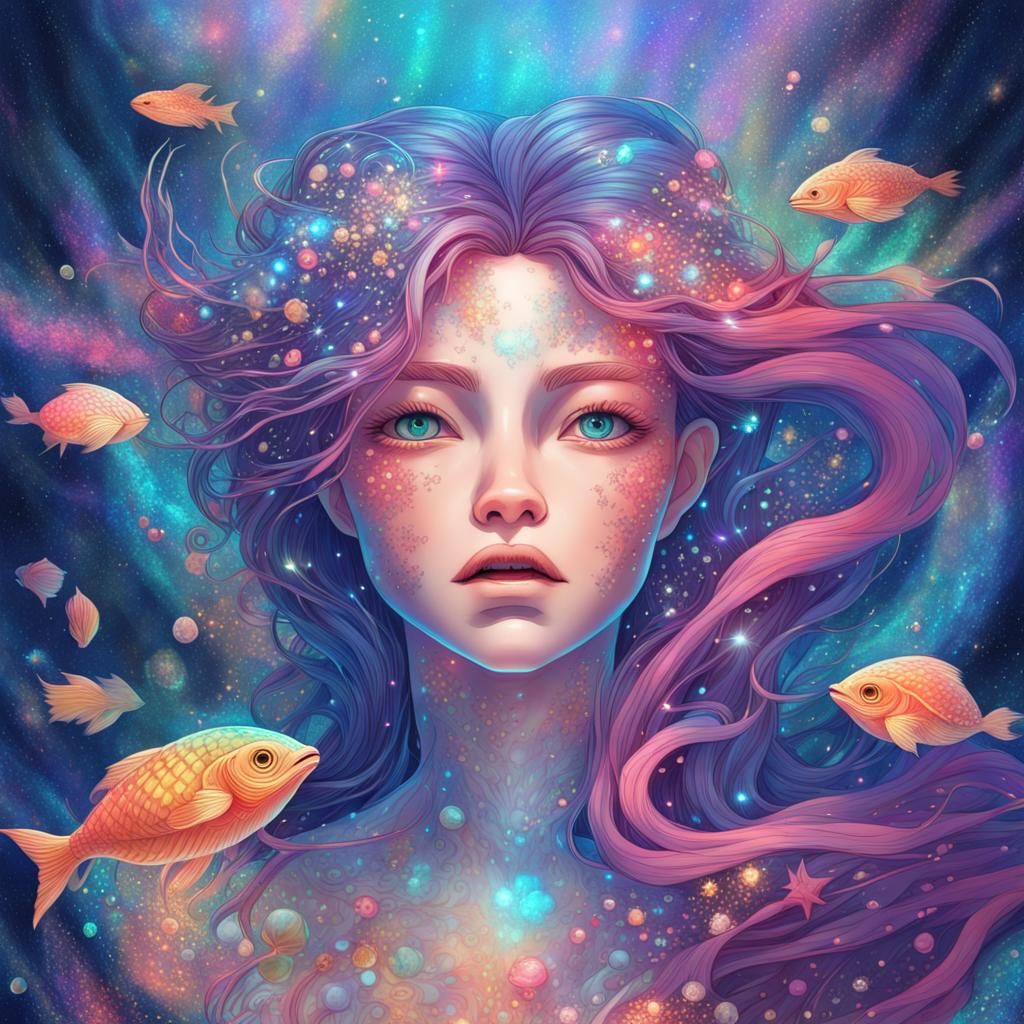 Anime Mermaid in Holographic Cosmic Astral Illustration