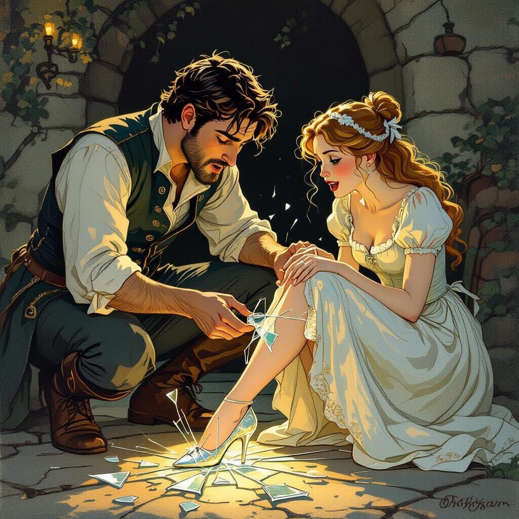 Glass Slipper Cracks: Fairy Tale Mishap in Golden Hour