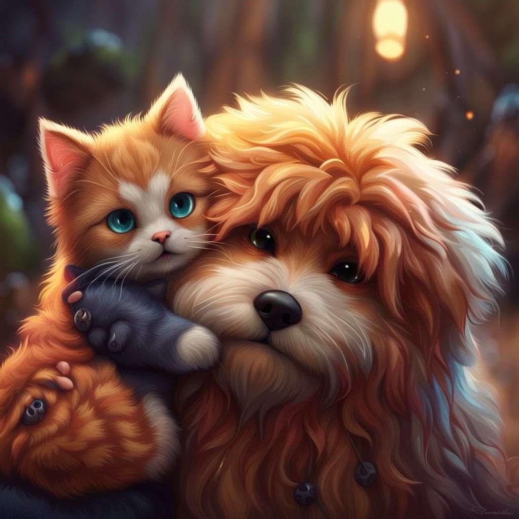 Dog Hugging Cat: Detailed Fantasy Concept Art