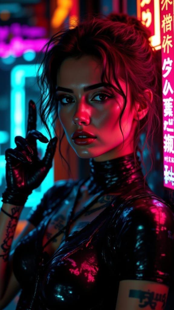Cyberpunk Android Woman in a Neon-Lit Cityscape