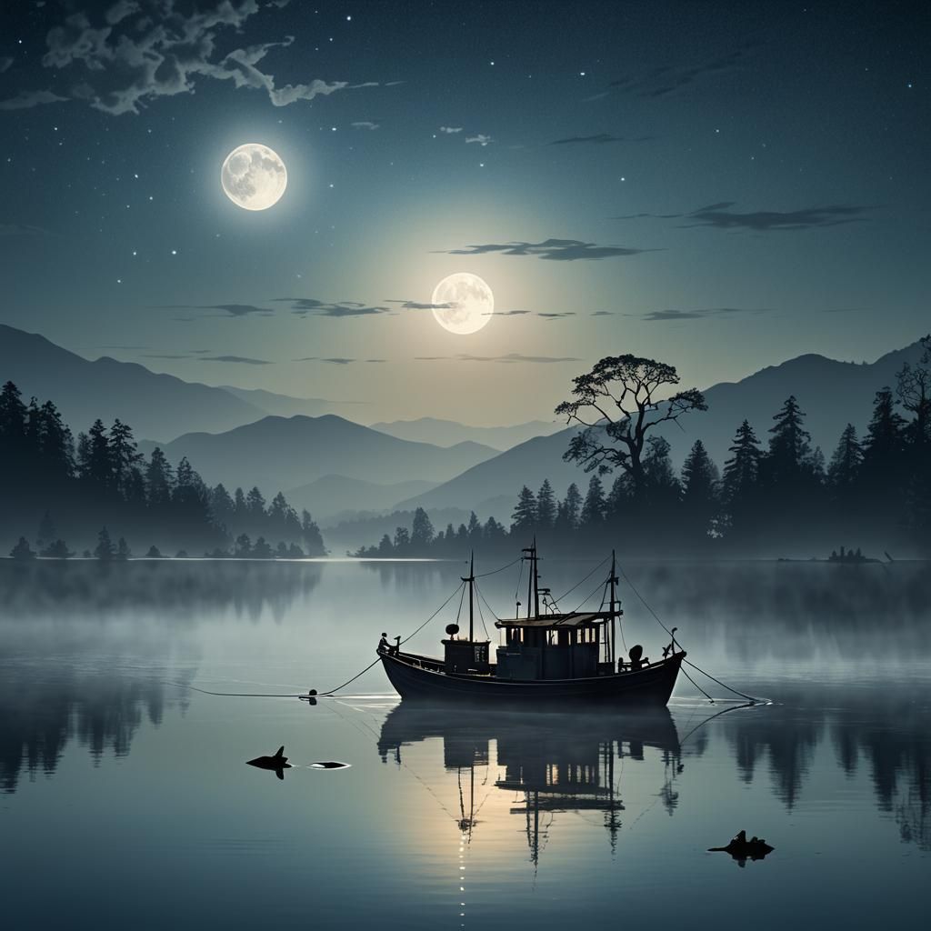 Silhouette of a fishing boat under twin full moons
