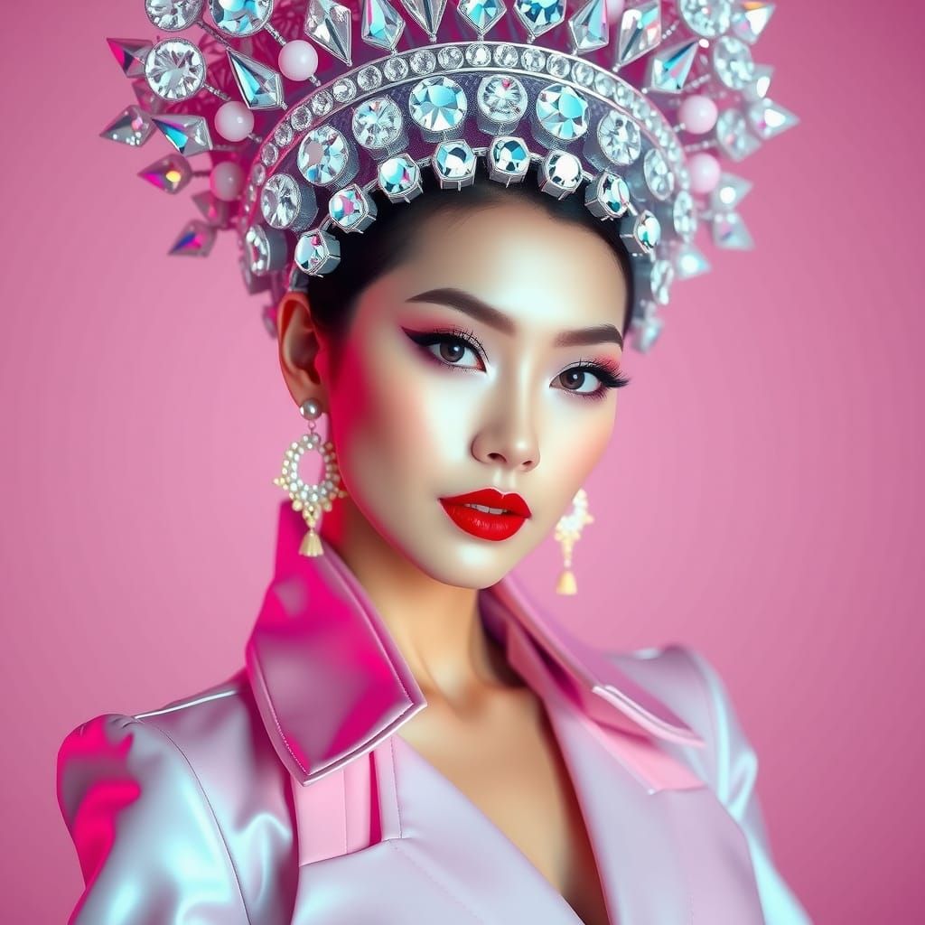 Japanese Pop Idol in Iridescent Jumpsuit with Crystal Headpi...