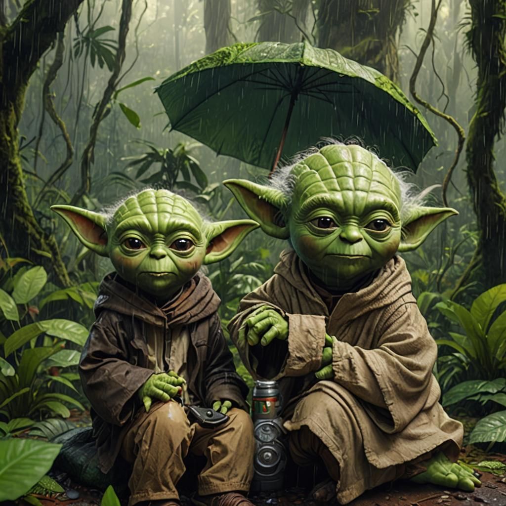 Young kid chatting with Yoda in Rain Forest