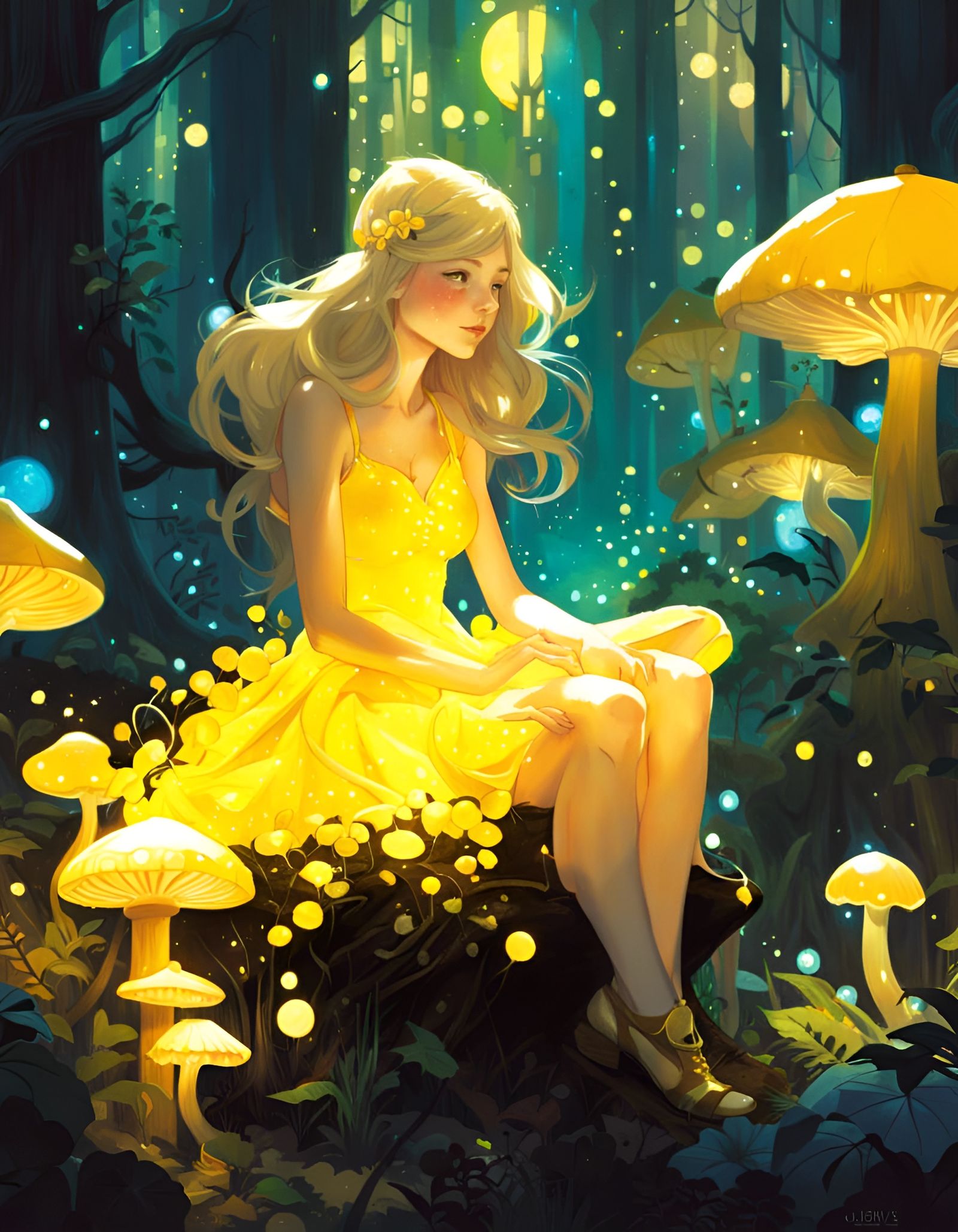 Fairy on Bioluminescent Mushroom, Digital Illustration
