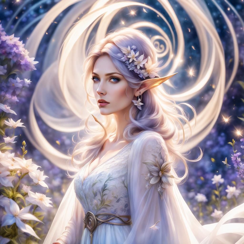 Ethereal Elf with Floral Spiral in Watercolor Style