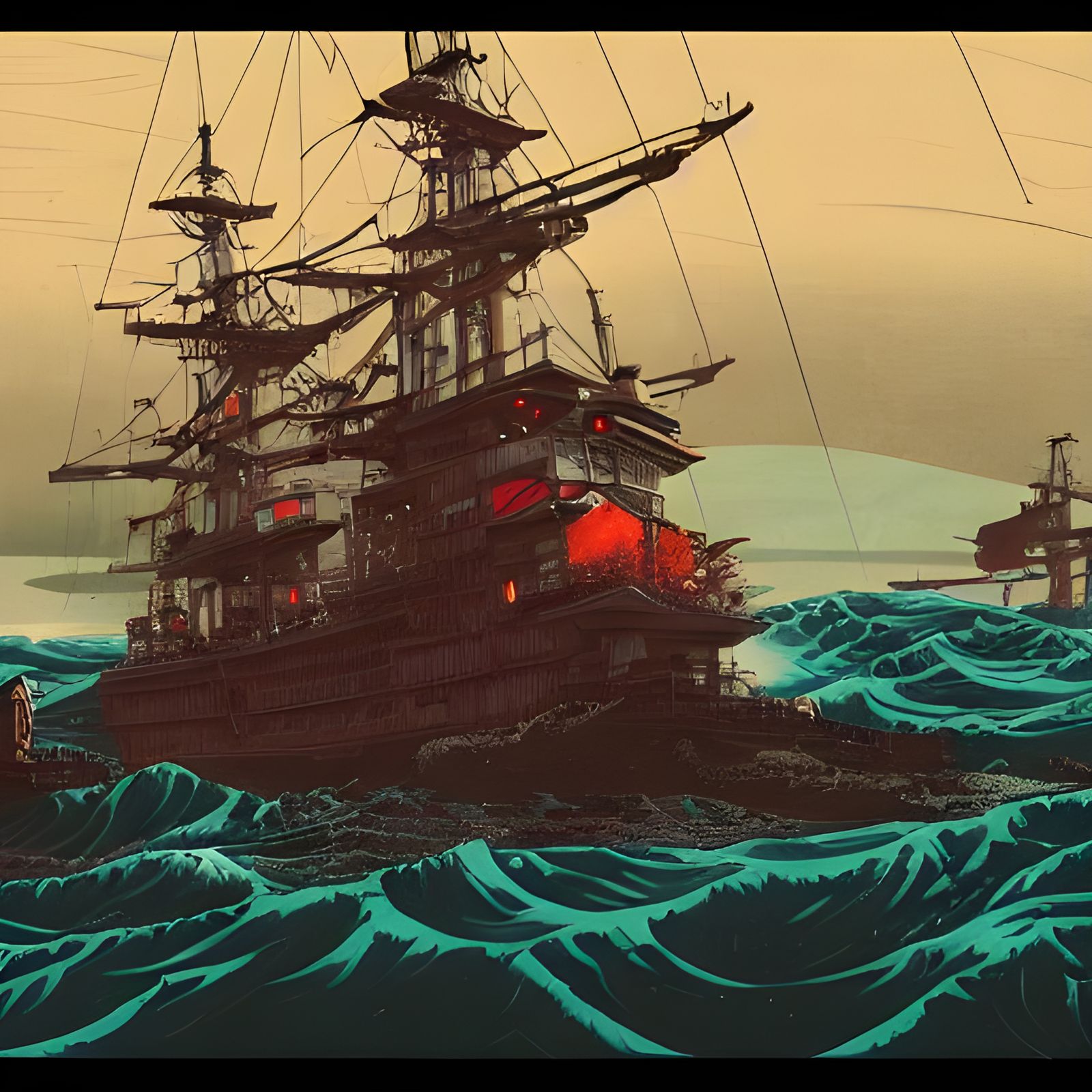 Cyberpunk Pirate Ship Portrait in Ukiyo-e Style