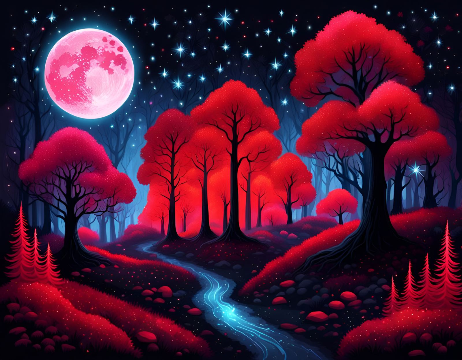 Path through Whimsical Red Fantasy enchanted forest