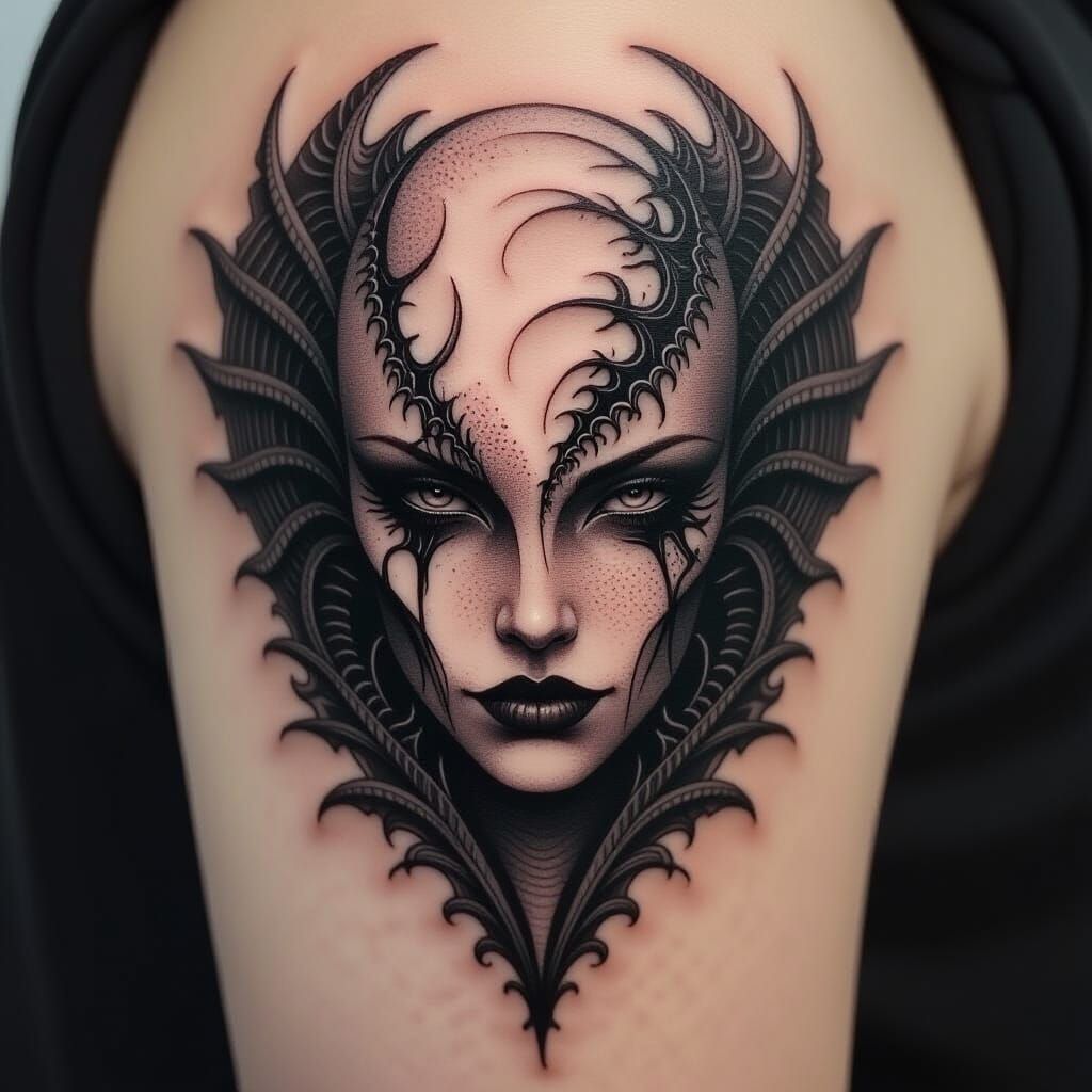 Hand with Skull Tattoos in Dark Biomechanical Style