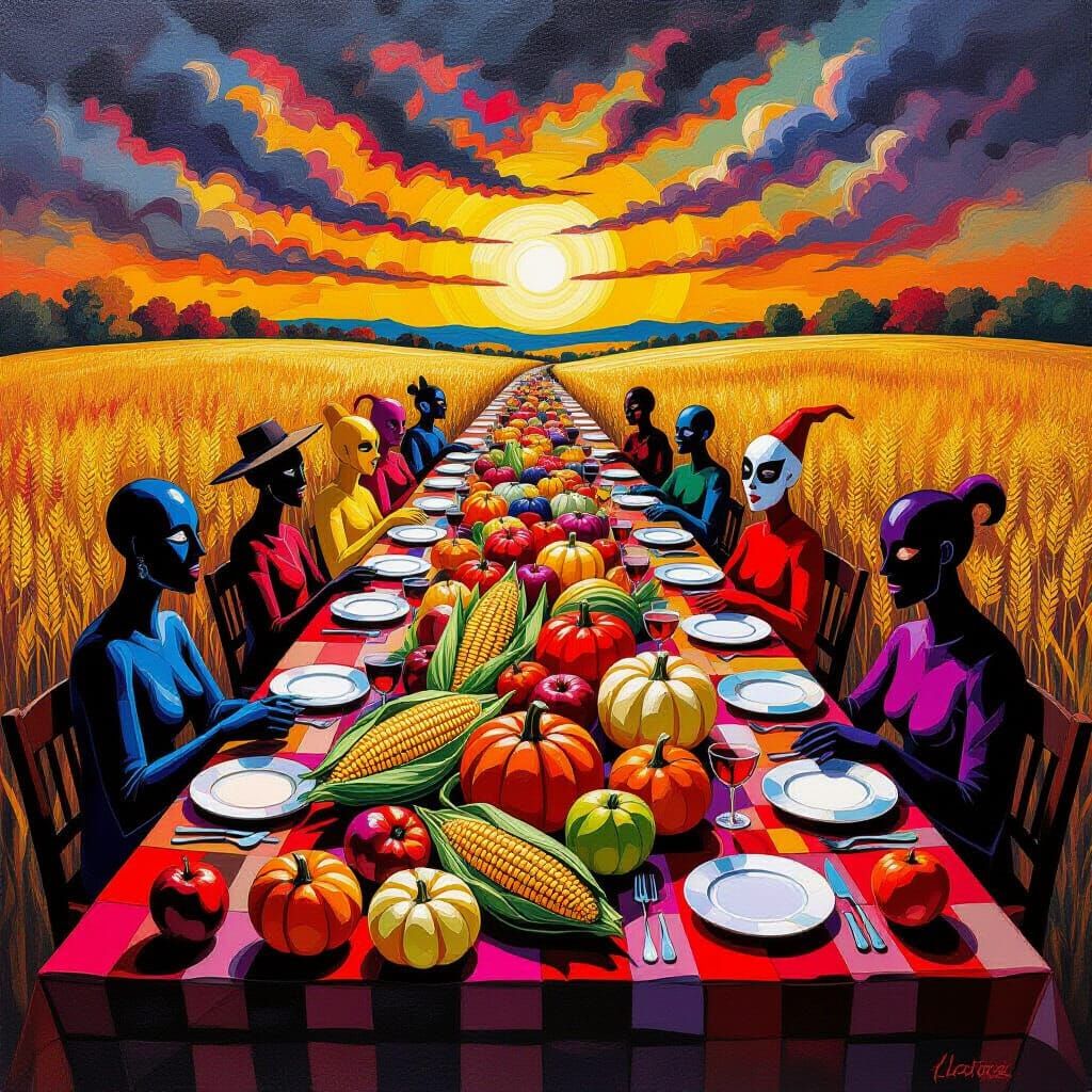 Expressionist Harvest Table Under Dramatic Autumn Sky