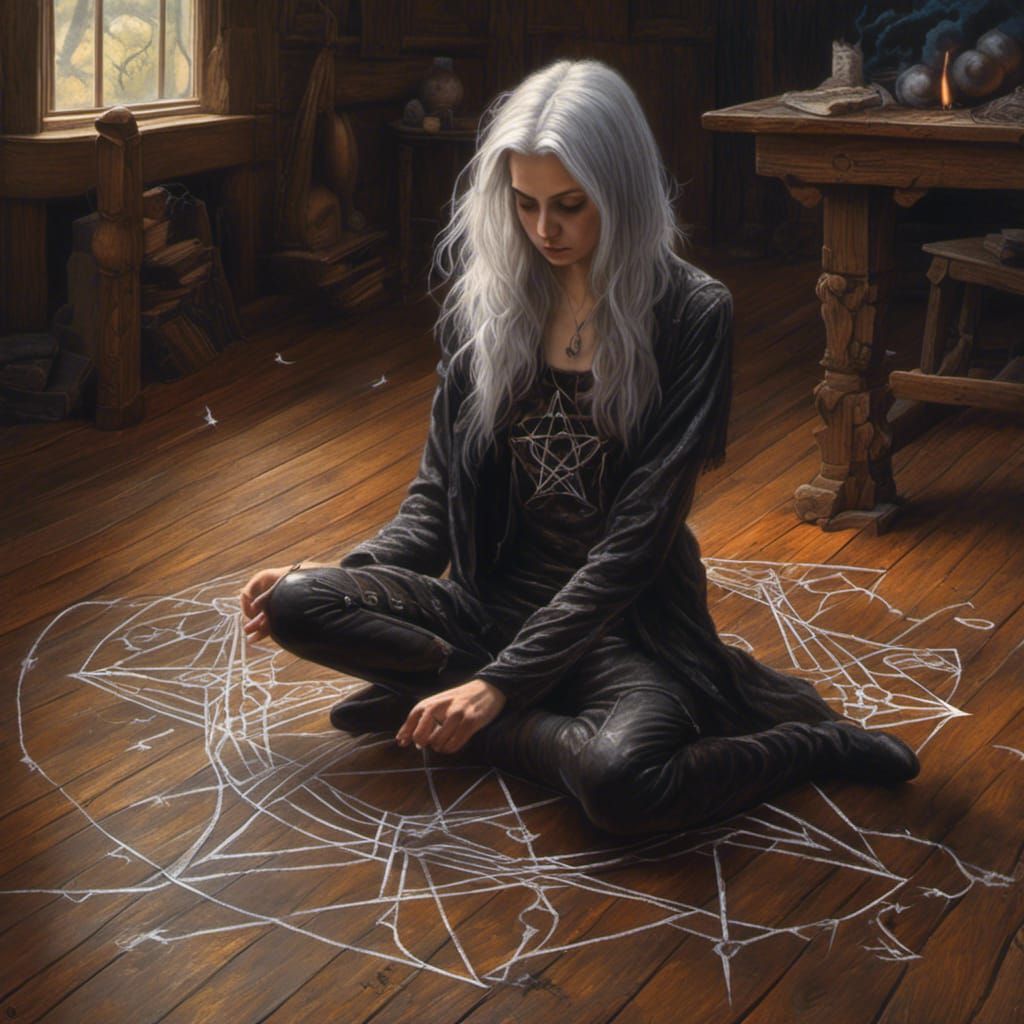 Sinister Silver-Haired Witch Practicing Magic