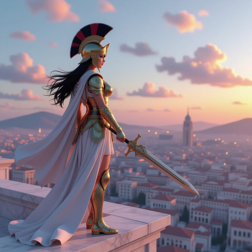 Athena Surveys City at Dawn in Anime Art Style