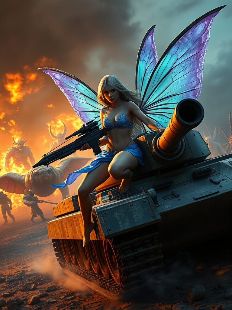 Fairy Warrior Rides Tank in Burning Battlefield