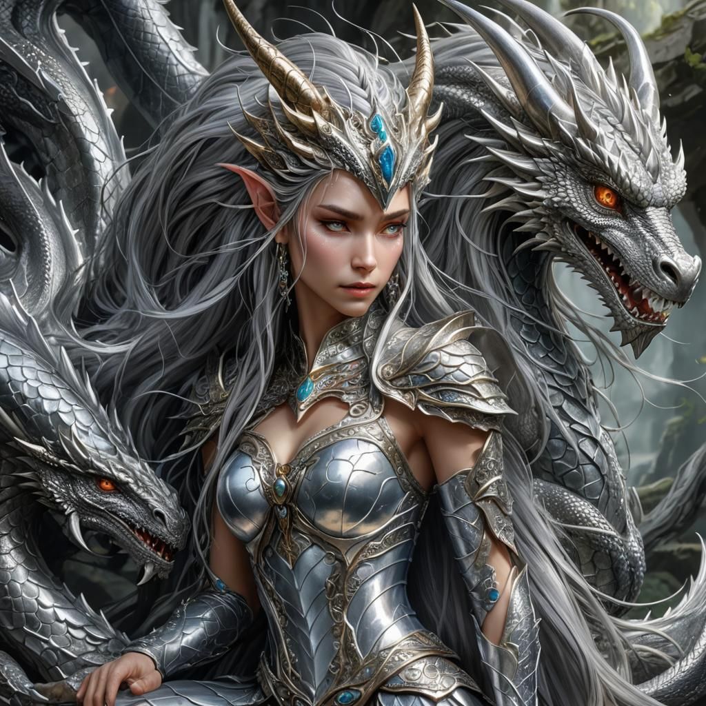 Silver Dragon Protecting Elven Queen: Fantasy Art