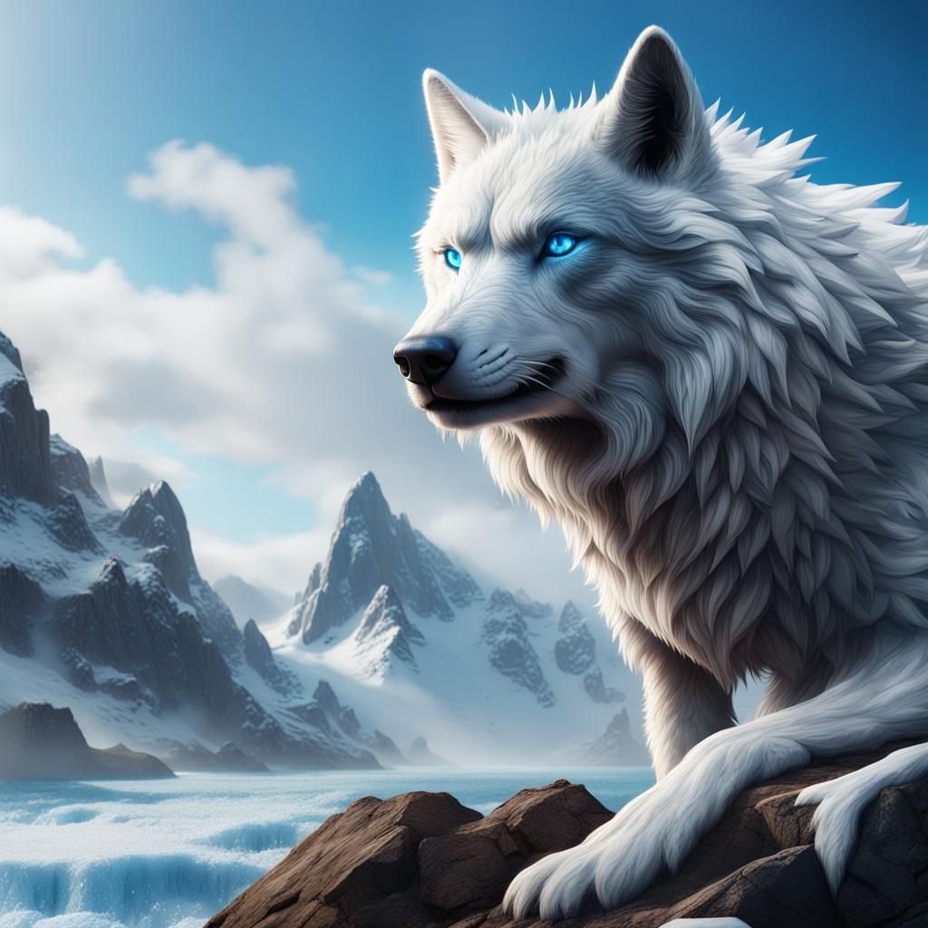 Snow Wolf on Mountain Beach in Detailed Digital Art