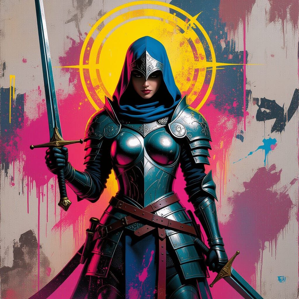Lady Templar in Sacred Armor with Graffiti Art