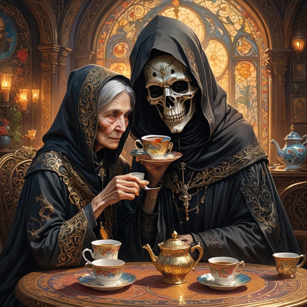 The Grim Reaper's Tea Party: Hyperrealistic Concept Art