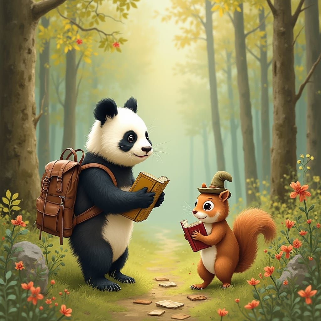 Panda and Squirrel Book Rescue in Beatrix Potter Style