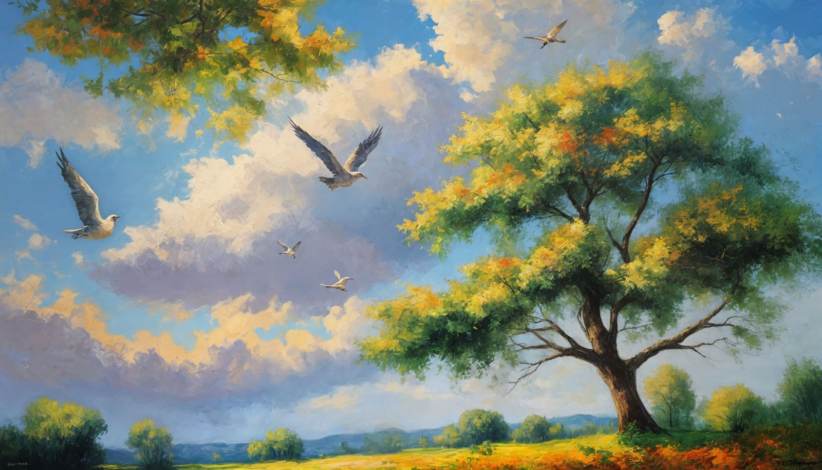 Vibrant Landscape Oil Painting with Birds