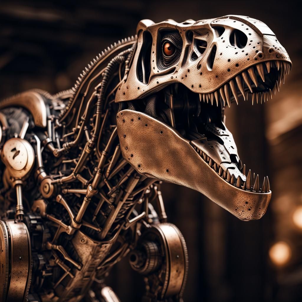 Hyperrealistic Bronze Robotic Tyrannosaurus Rex