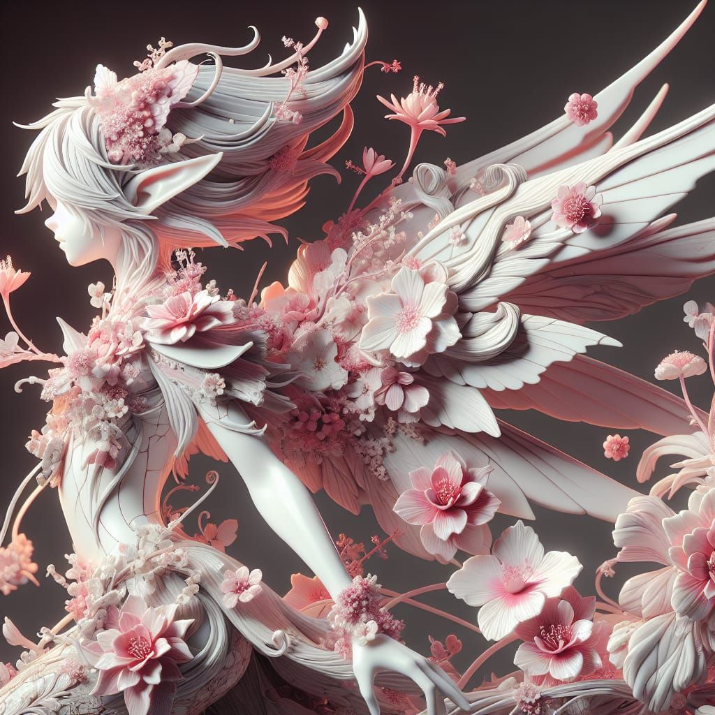 Porcelain Fae Adorned with Flowers in 3D Anime Style