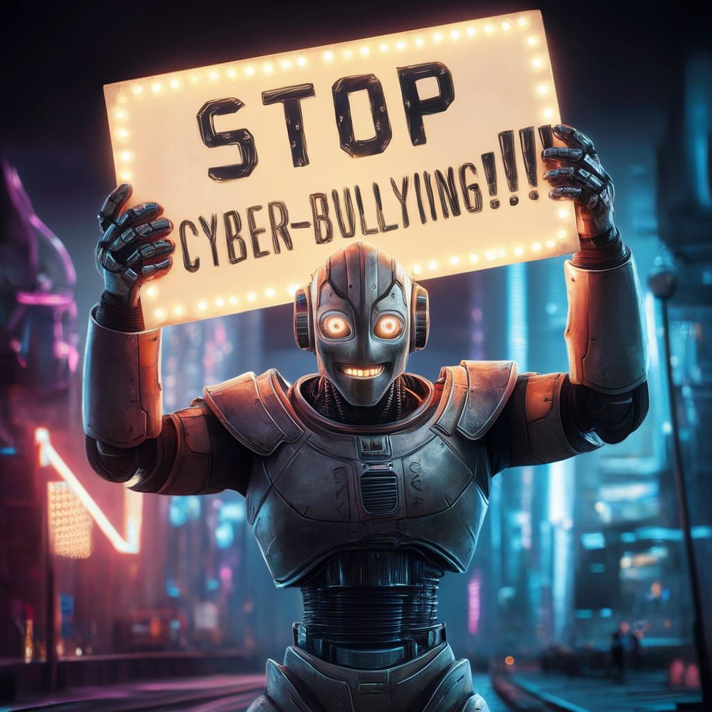 Robot Holds Anti-Cyberbullying Sign in Cyberpunk City