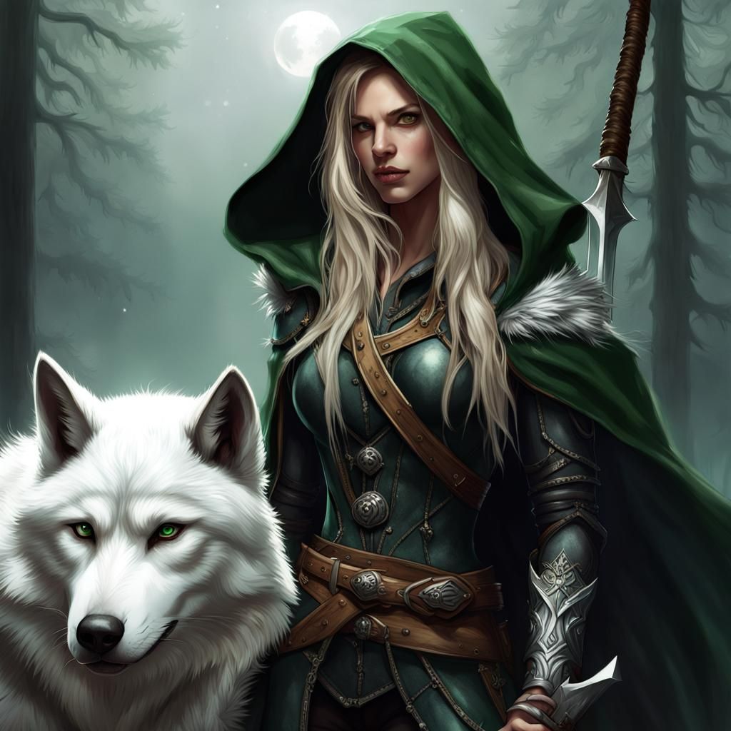 Elven Ranger and Wolf Companion in Dark Fantasy Style