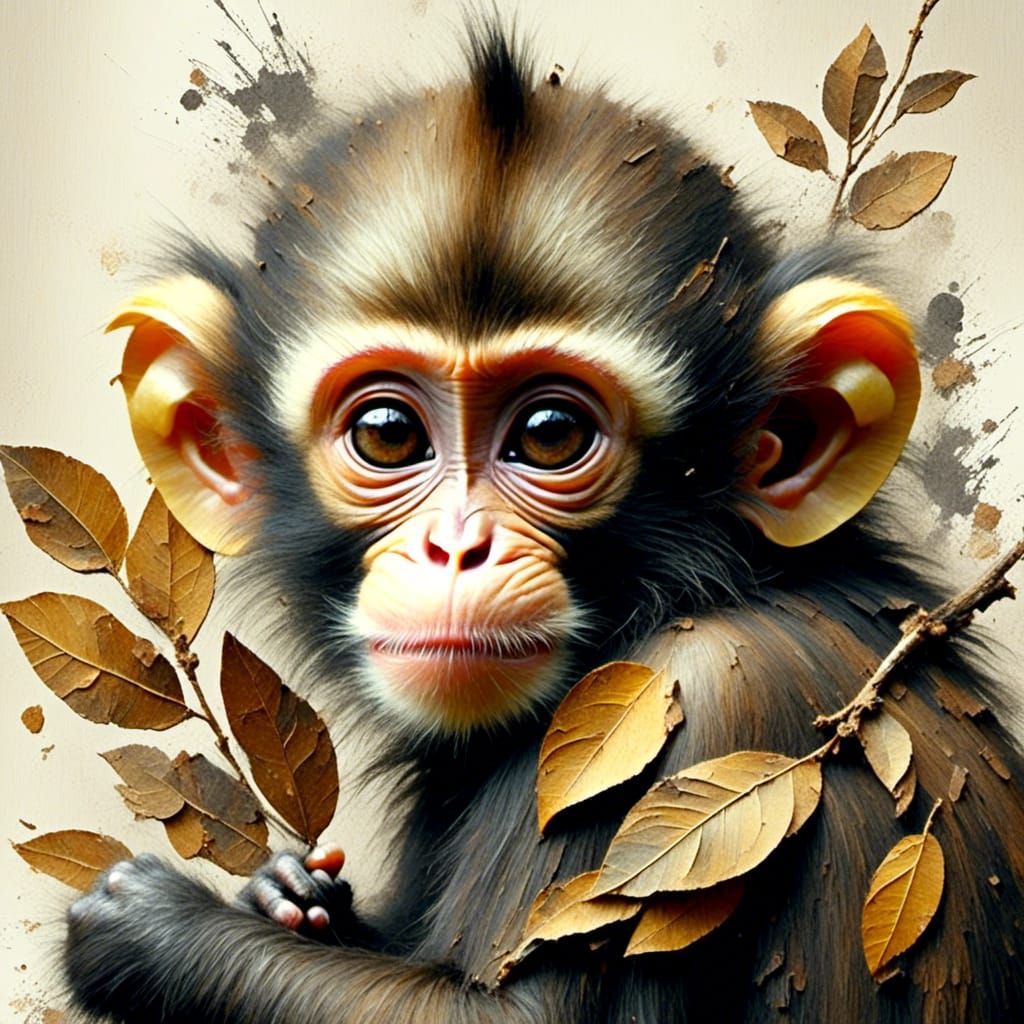 Watercolor Baby Monkey with Fruit and Foliage
