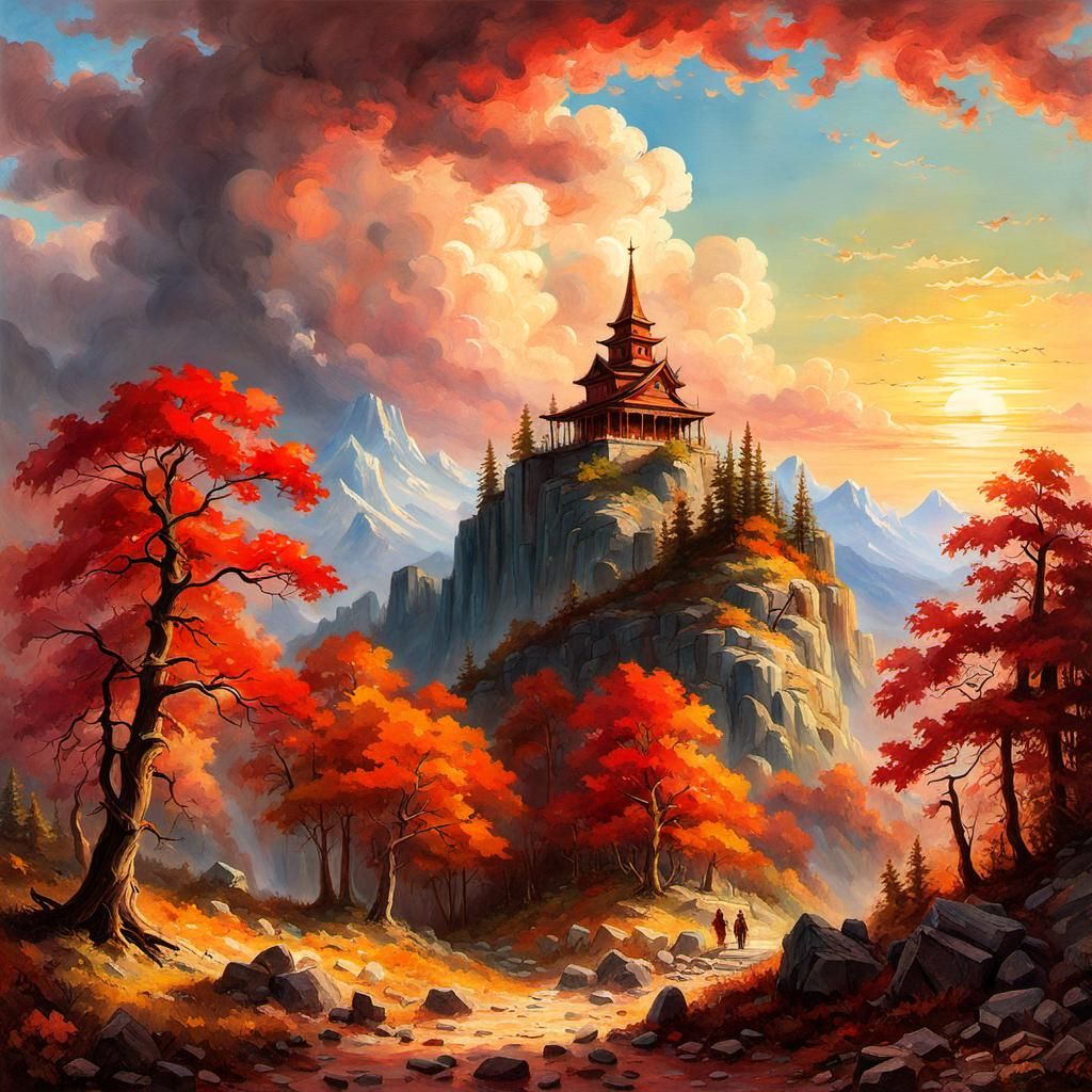 Mountain Temple Painting in Naturalism Style