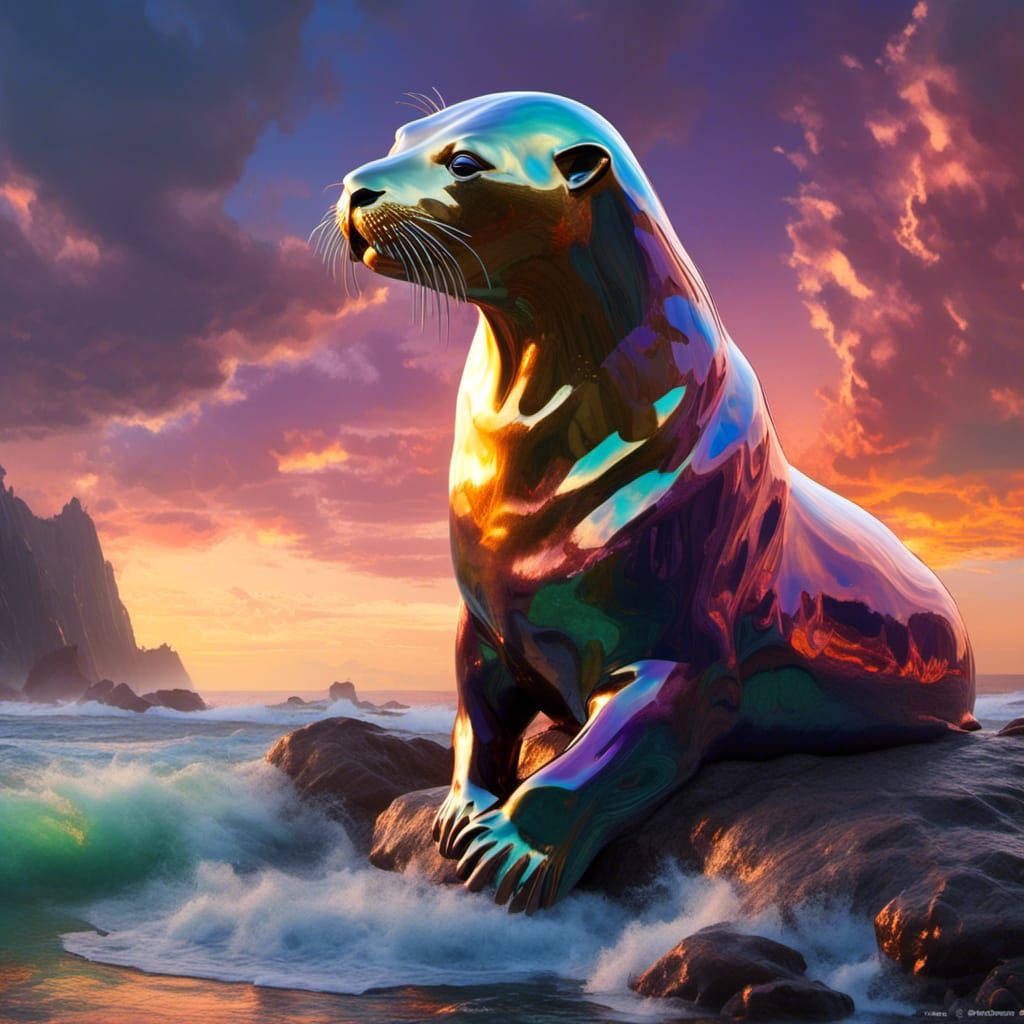 Glass Sea Lion on Stormy Coast, Oil Painting