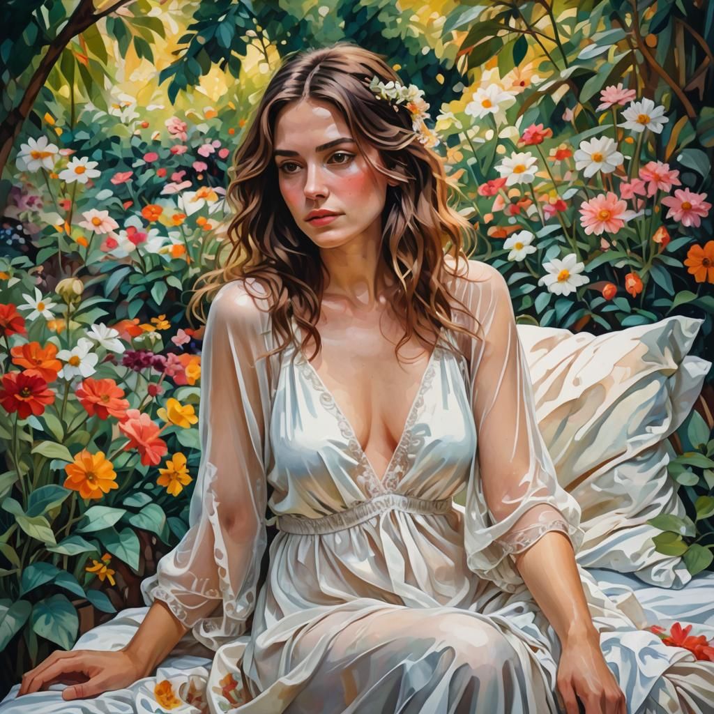 Woman in Garden: Gouache Impressionist Masterpiece