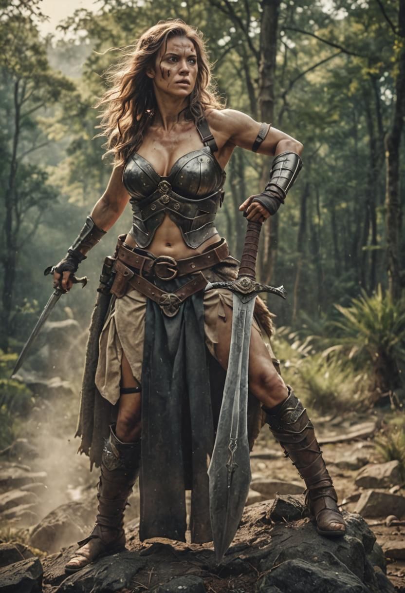Muscular Warrior Woman with Swords in Heroic Fantasy