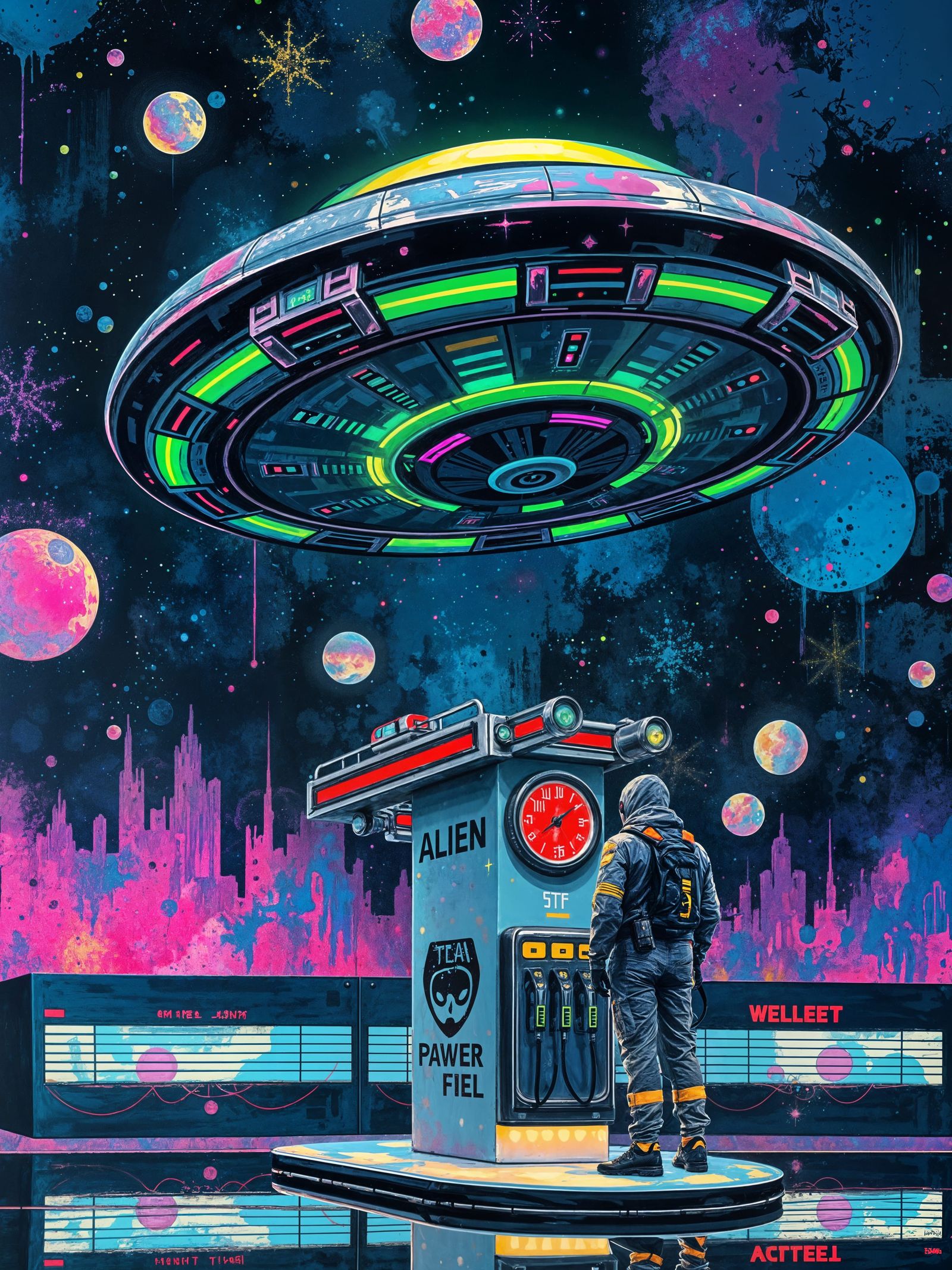 Alien UFO Gas Station in Deep Space Graffiti Art