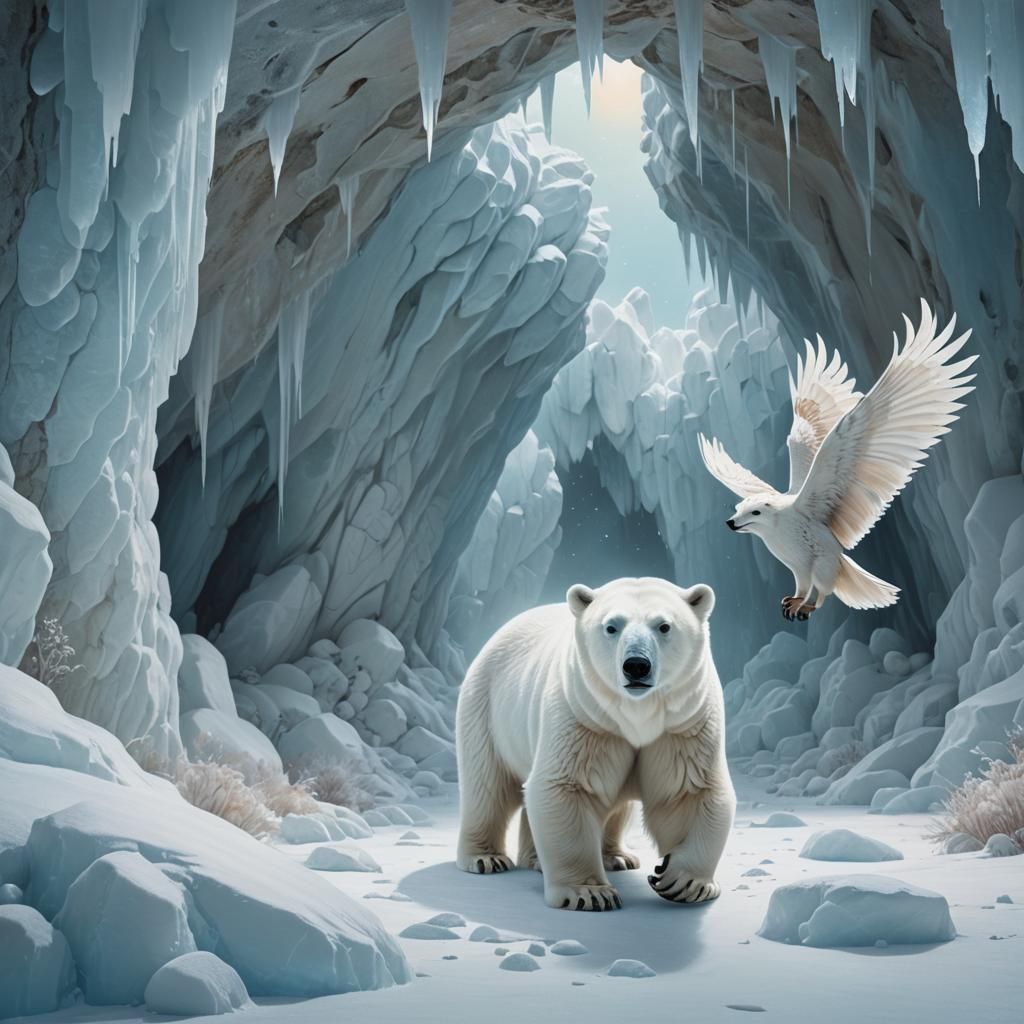 Polar Bear, Fox, and Owl in Dreamy Landscape