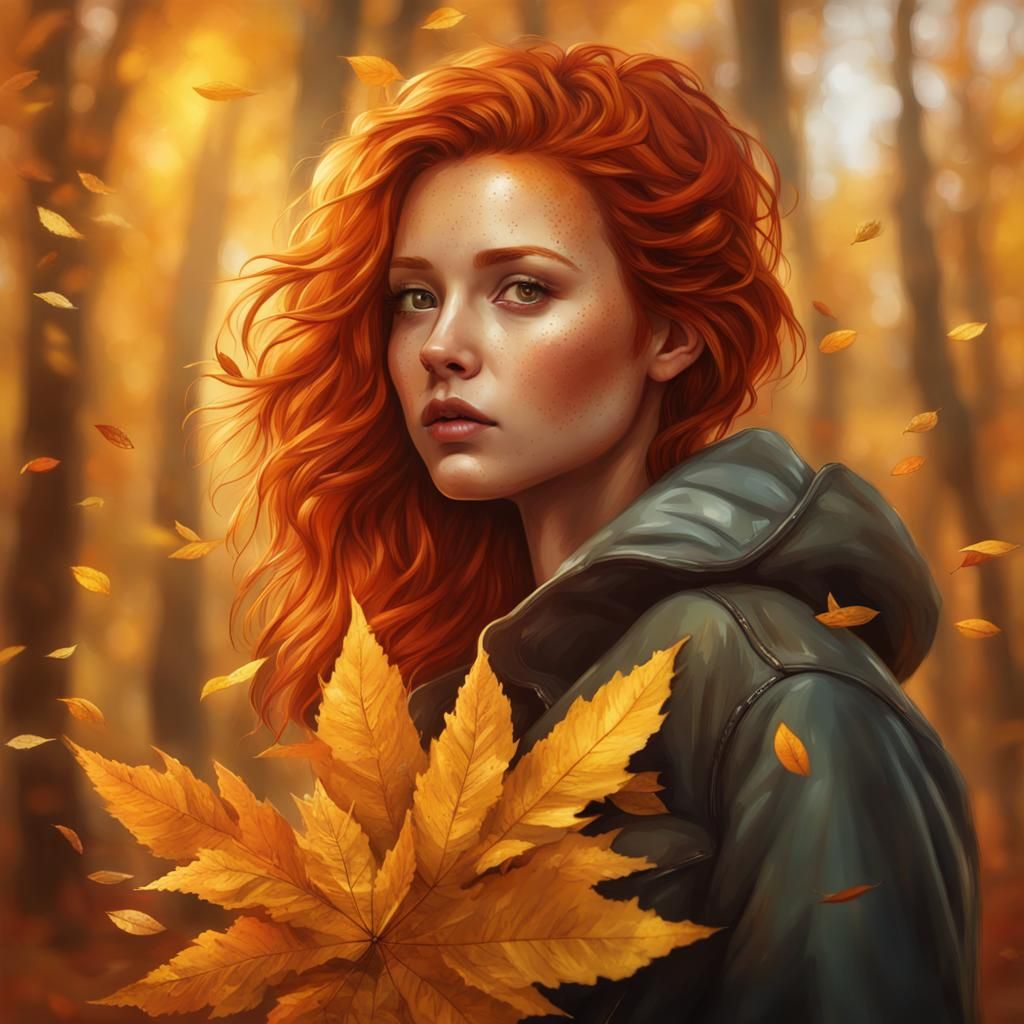 Red-Haired Girl in a Radiant Autumn Forest